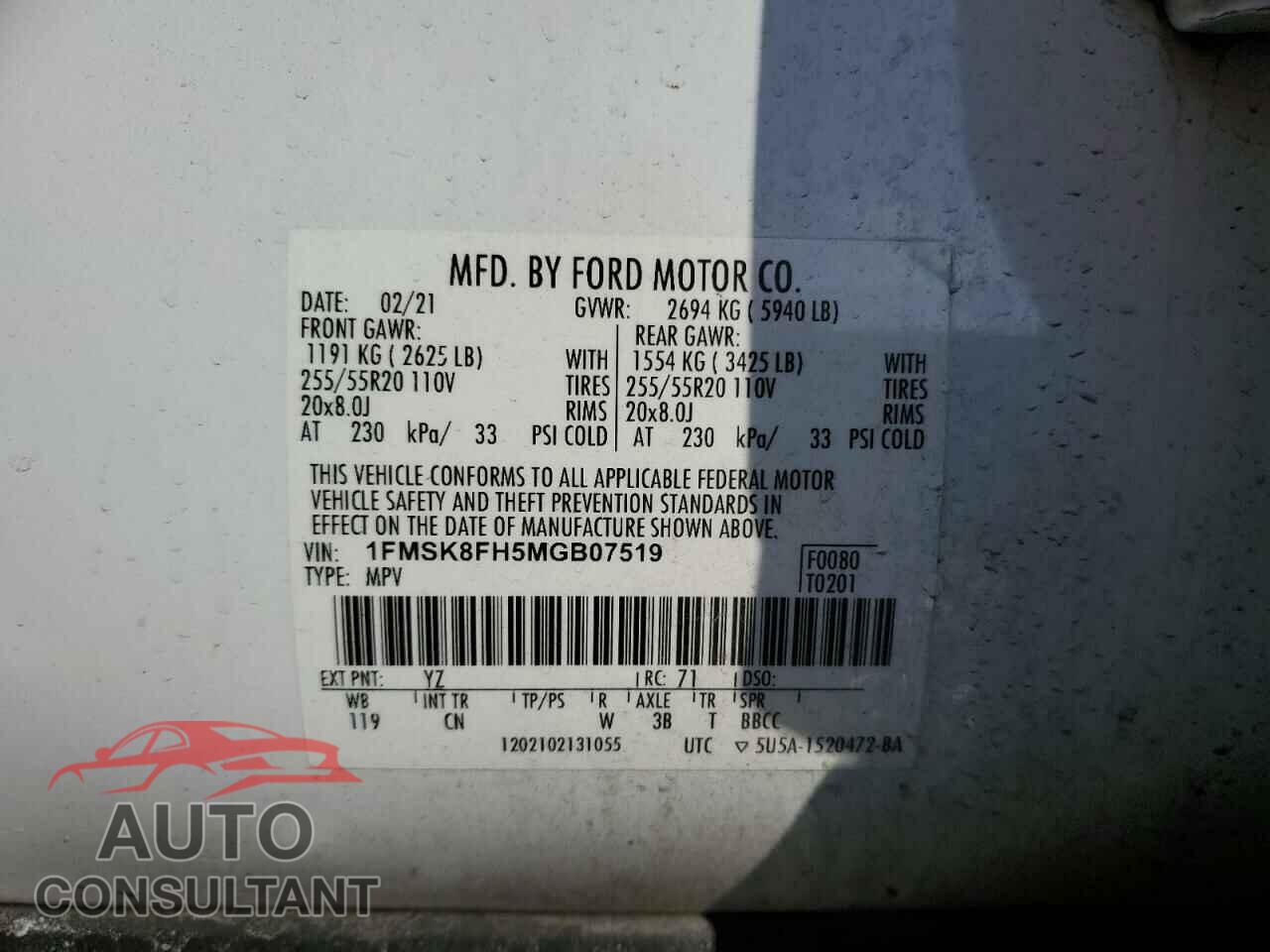 FORD EXPLORER 2021 - 1FMSK8FH5MGB07519