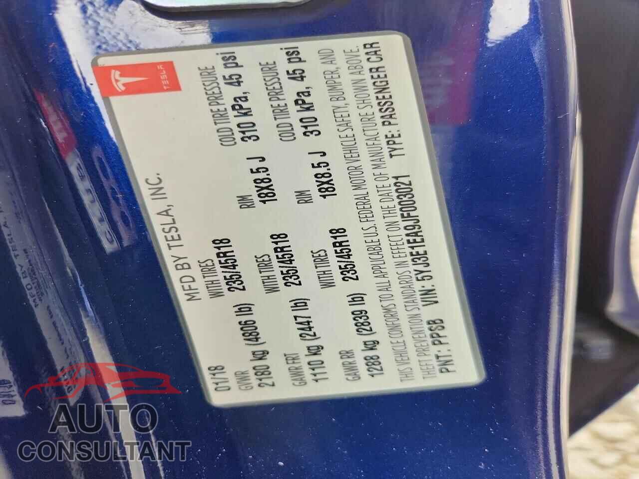 TESLA MODEL 3 2018 - 5YJ3E1EA9JF003021