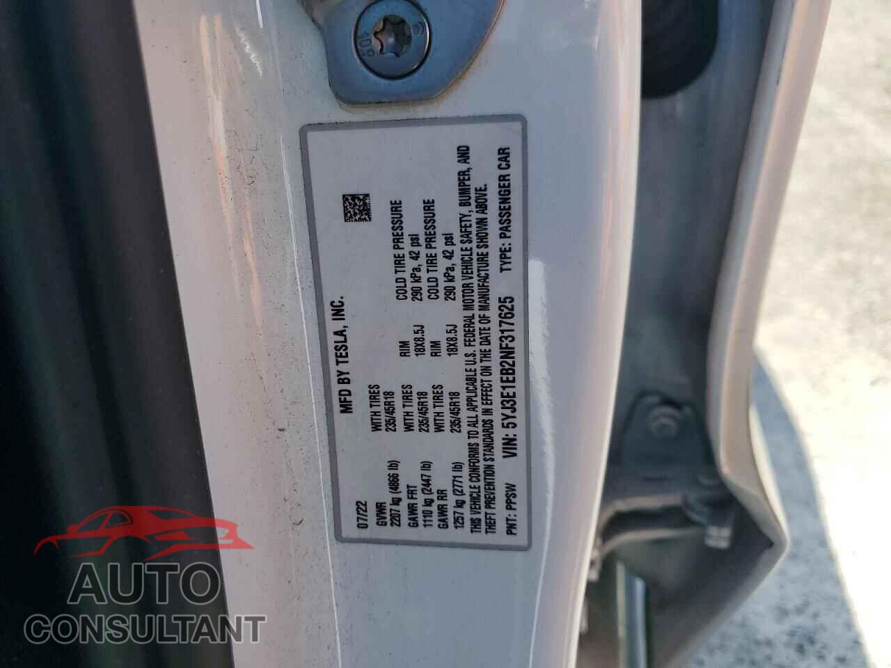 TESLA MODEL 3 2022 - 5YJ3E1EB2NF317625