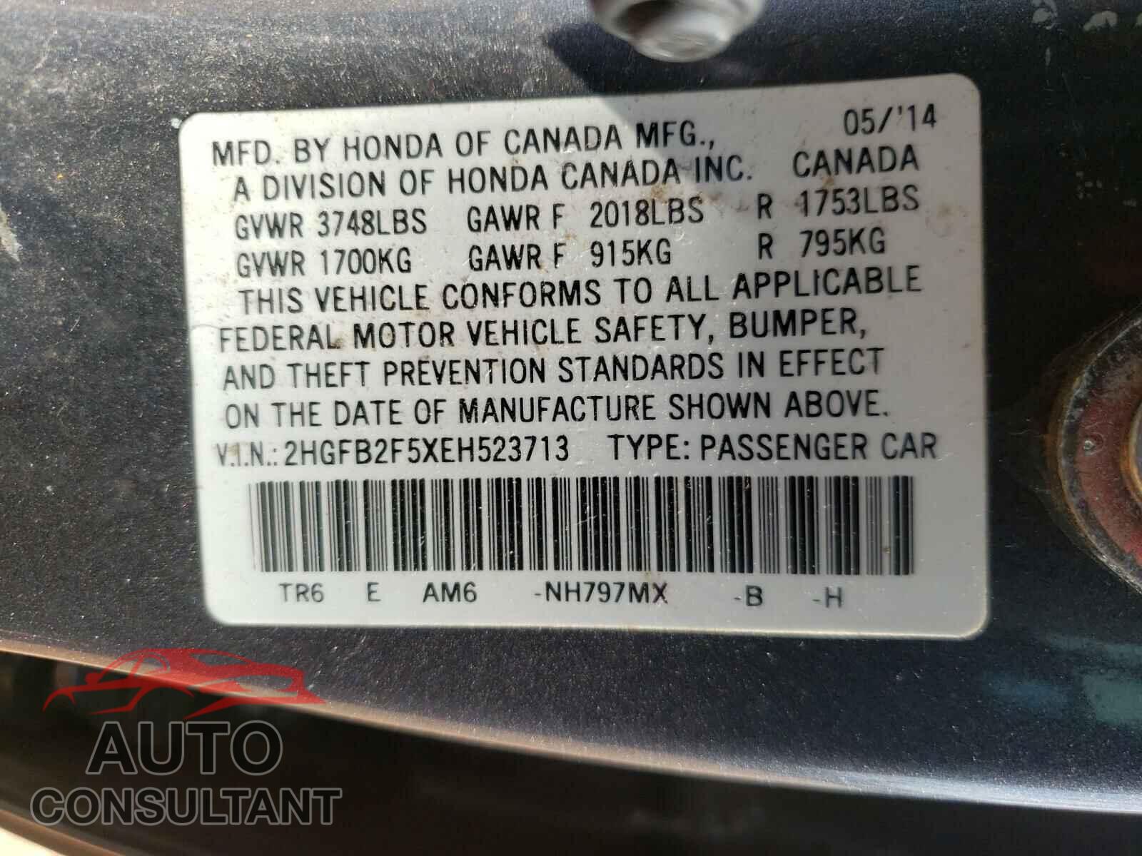 HONDA CIVIC 2014 - 2HGFB2F5XEH523713