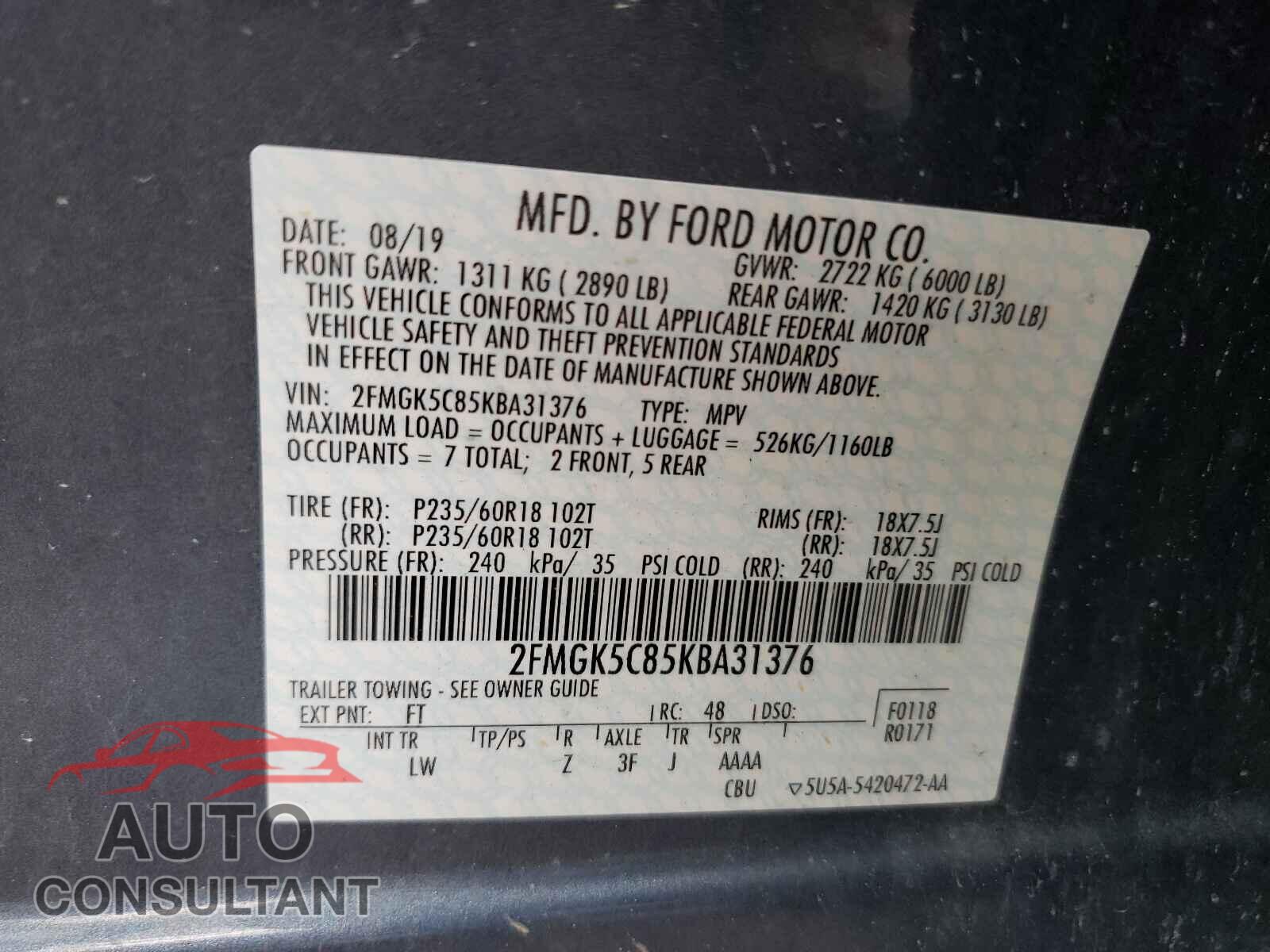 FORD FLEX 2019 - 2FMGK5C85KBA31376