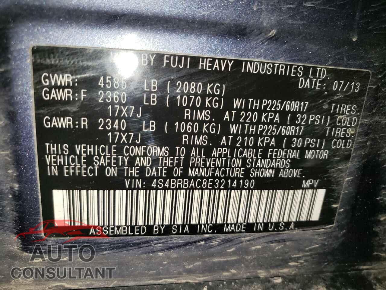 SUBARU OUTBACK 2014 - 4S4BRBAC8E3214190