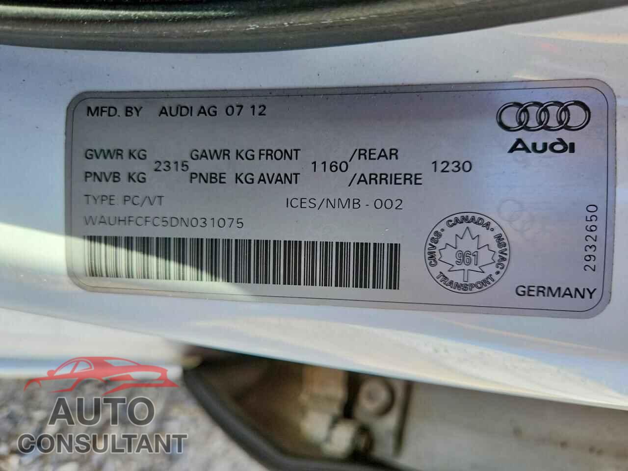AUDI A6 2013 - WAUHFCFC5DN031075
