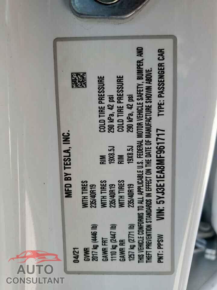 TESLA MODEL 3 2021 - 5YJ3E1EA8MF961717