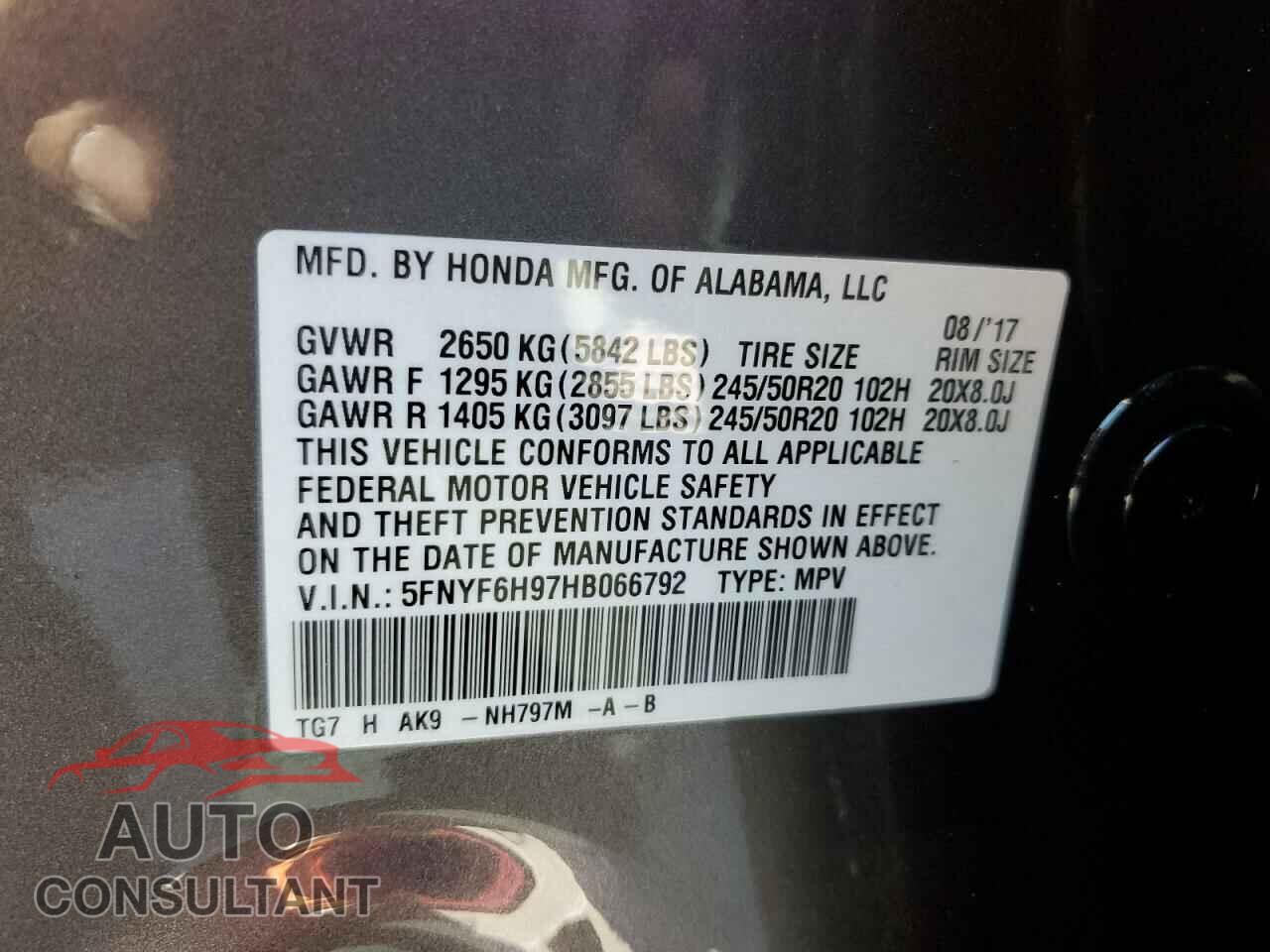 HONDA PILOT 2017 - 5FNYF6H97HB066792