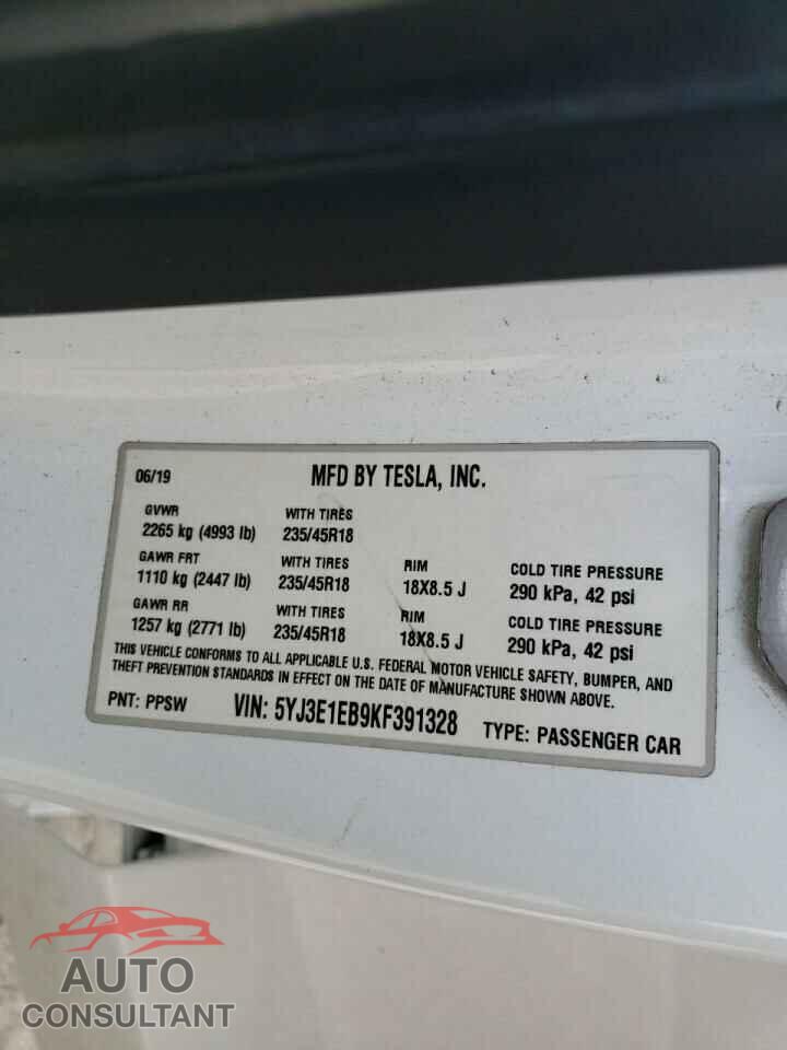 TESLA MODEL 3 2019 - 5YJ3E1EB9KF391328