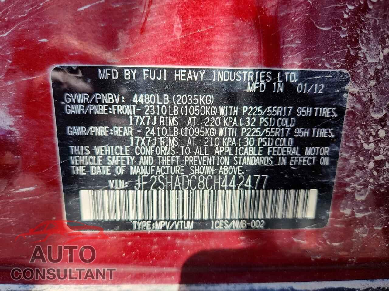 SUBARU FORESTER 2012 - JF2SHADC8CH442477