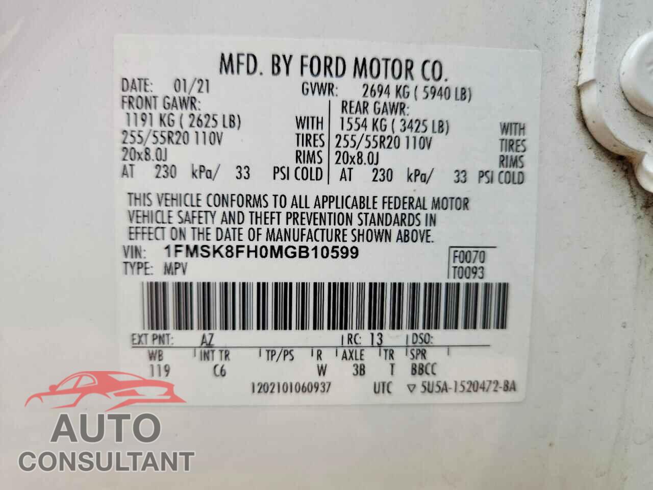 FORD EXPLORER 2021 - 1FMSK8FH0MGB10599
