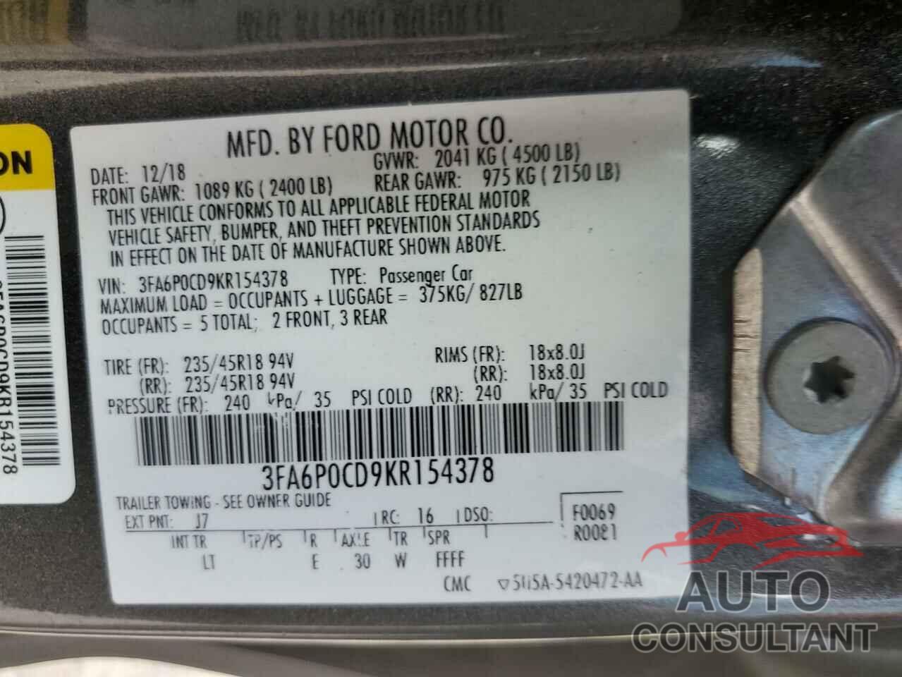 FORD FUSION 2019 - 3FA6P0CD9KR154378