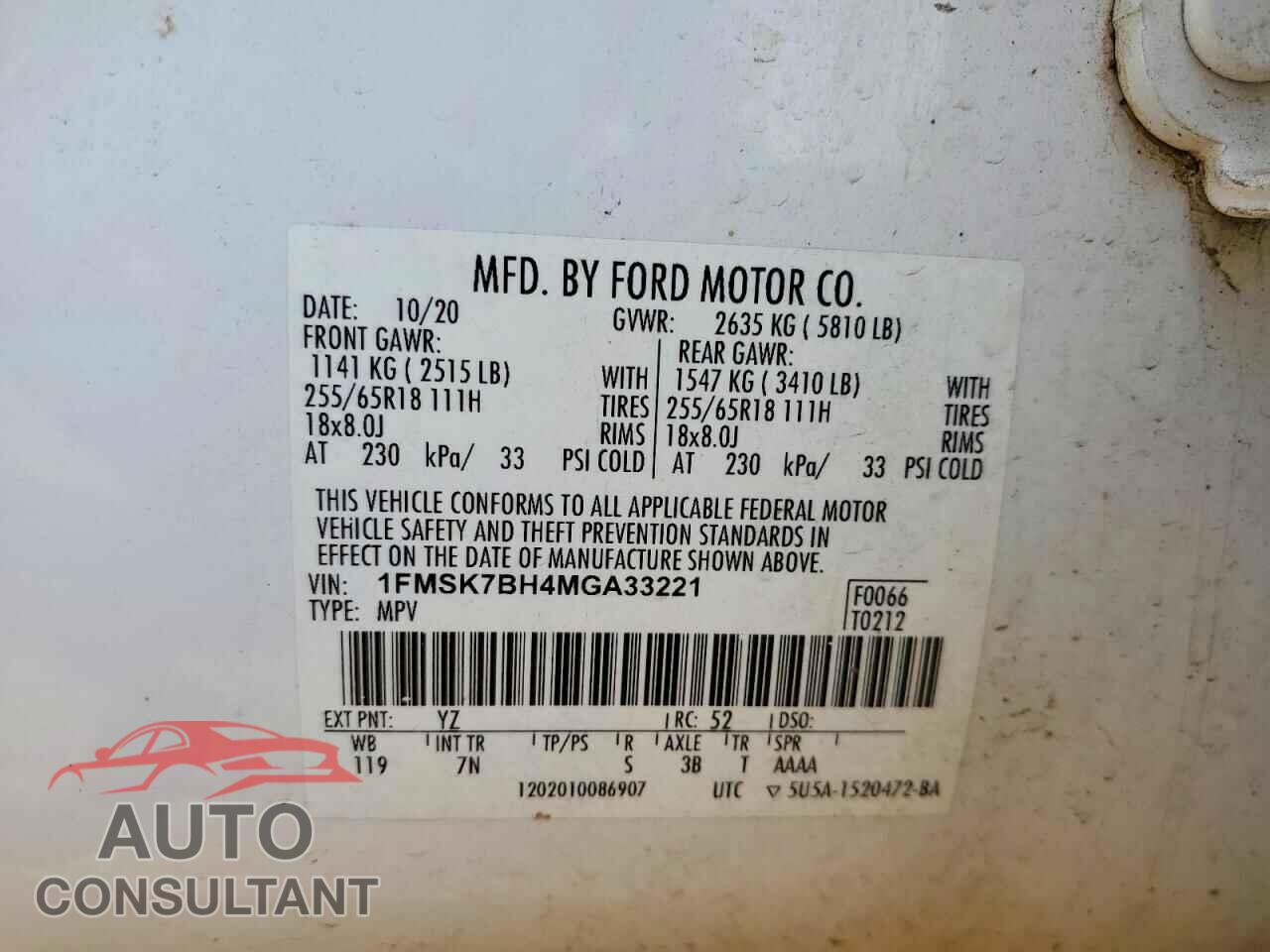 FORD EXPLORER 2021 - 1FMSK7BH4MGA33221