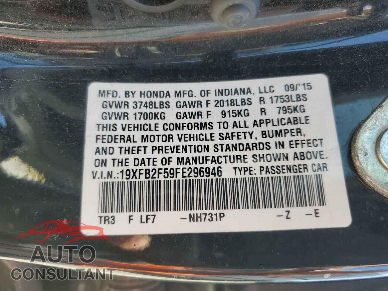 HONDA CIVIC 2015 - 19XFB2F59FE296946