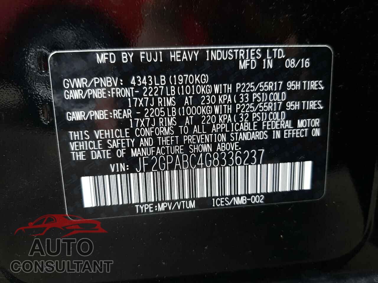 SUBARU CROSSTREK 2016 - JF2GPABC4G8336237