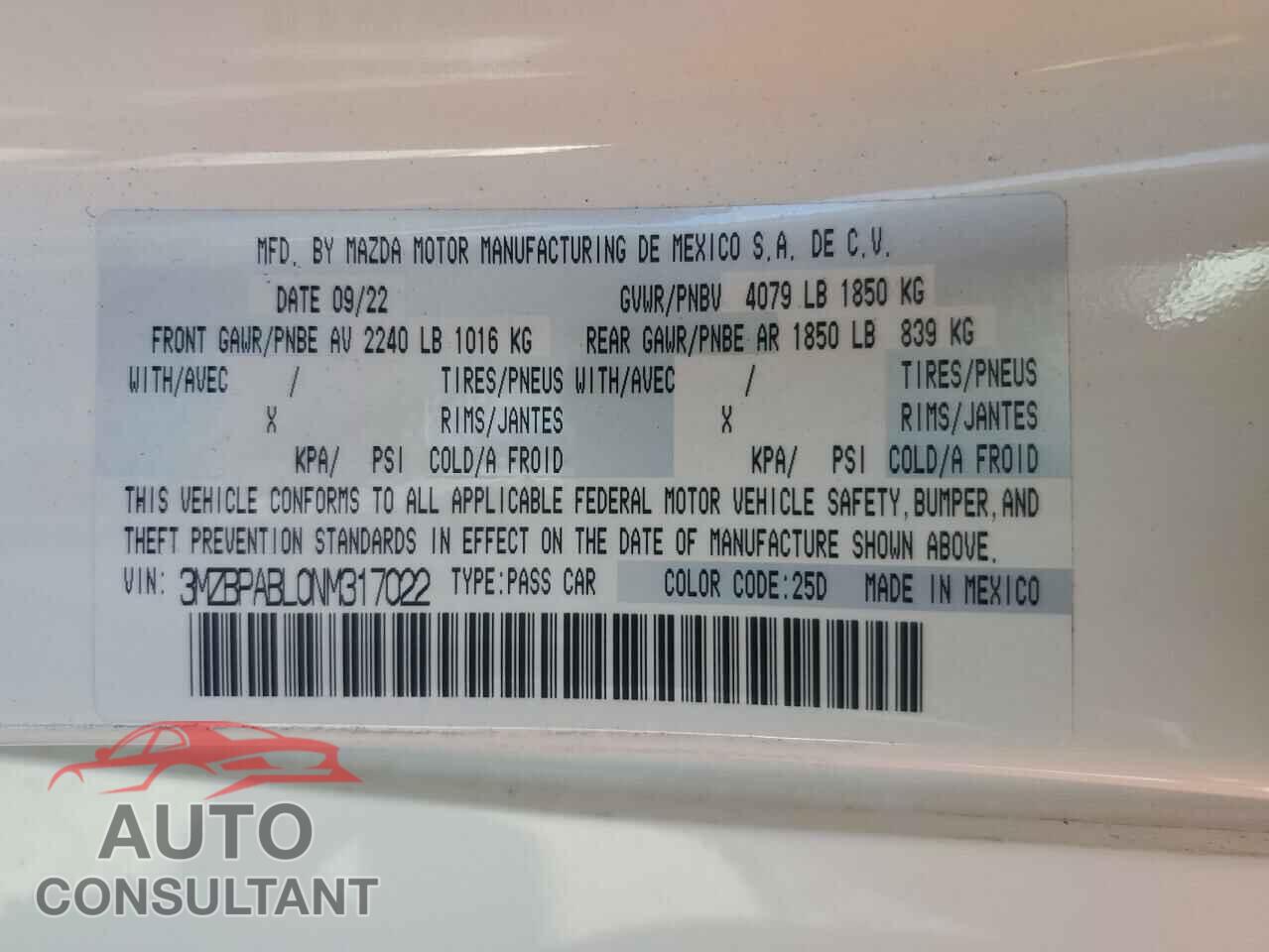 MAZDA 3 2022 - 3MZBPABL0NM317022