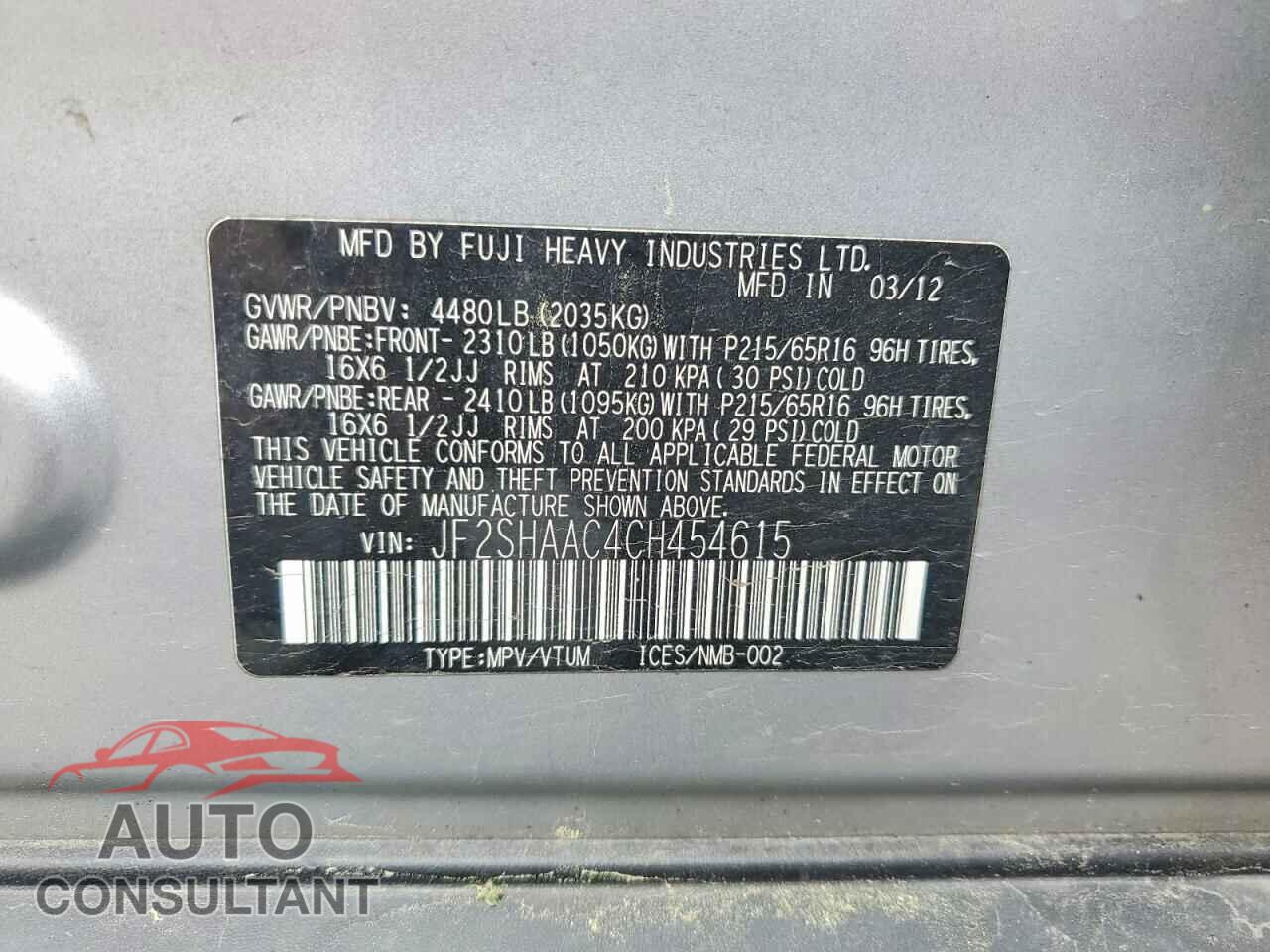 SUBARU FORESTER 2012 - JF2SHAAC4CH454615