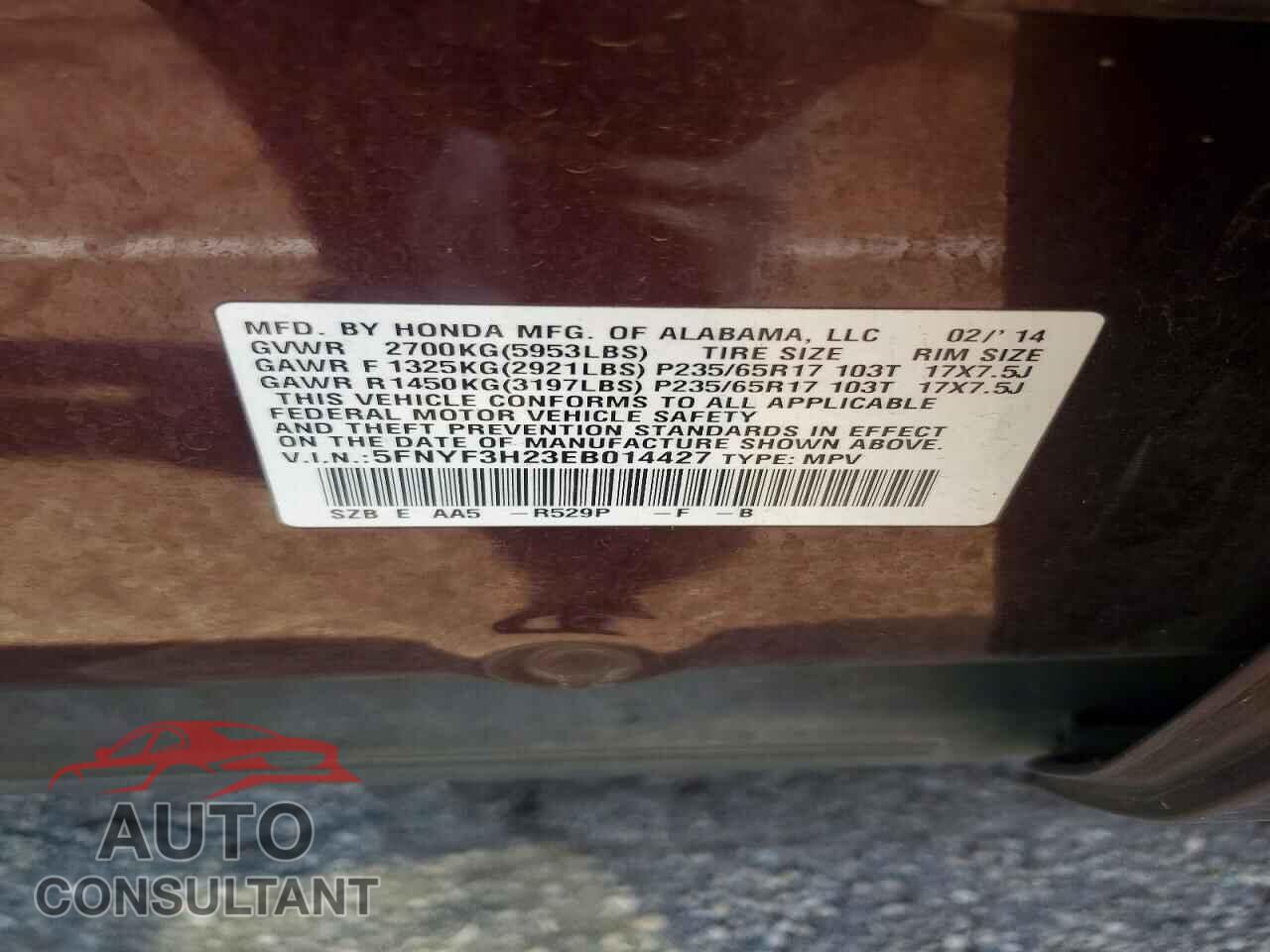 HONDA PILOT 2014 - 5FNYF3H23EB014427