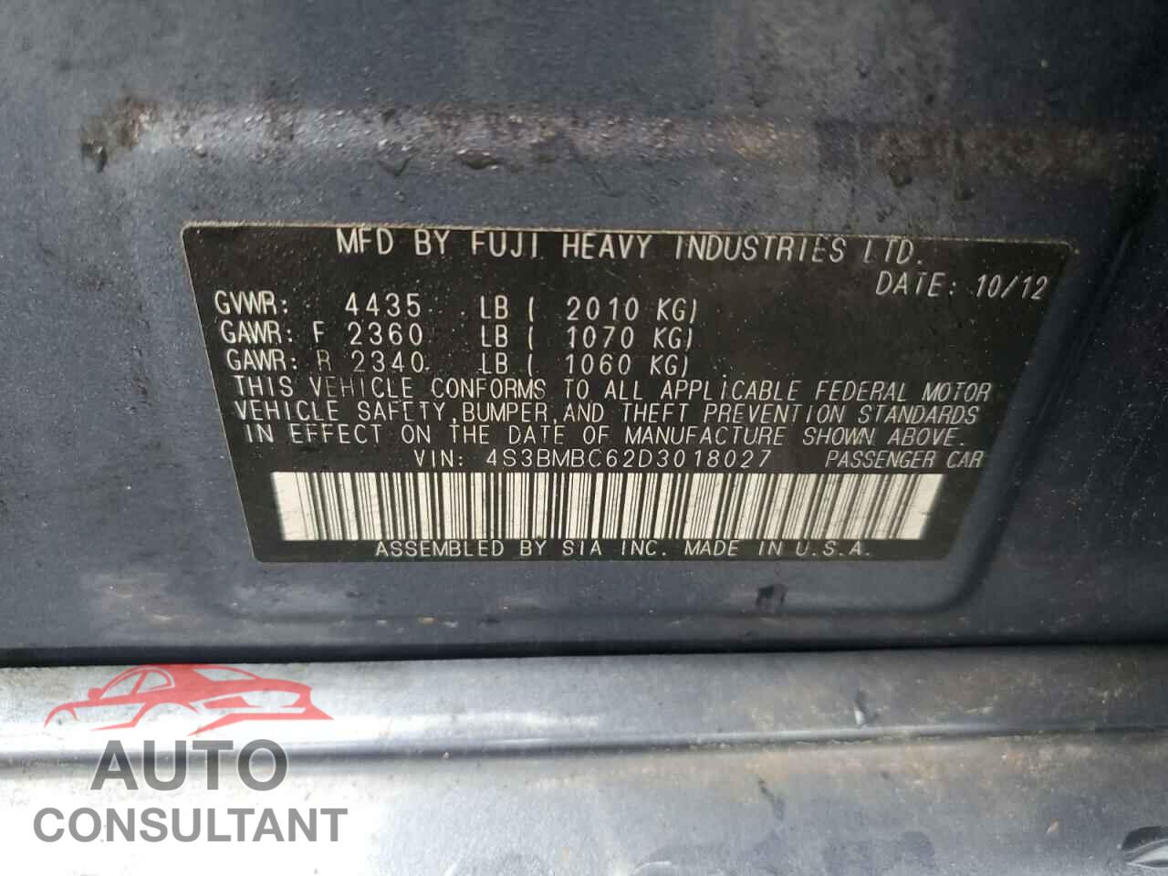 SUBARU LEGACY 2013 - 4S3BMBC62D3018027
