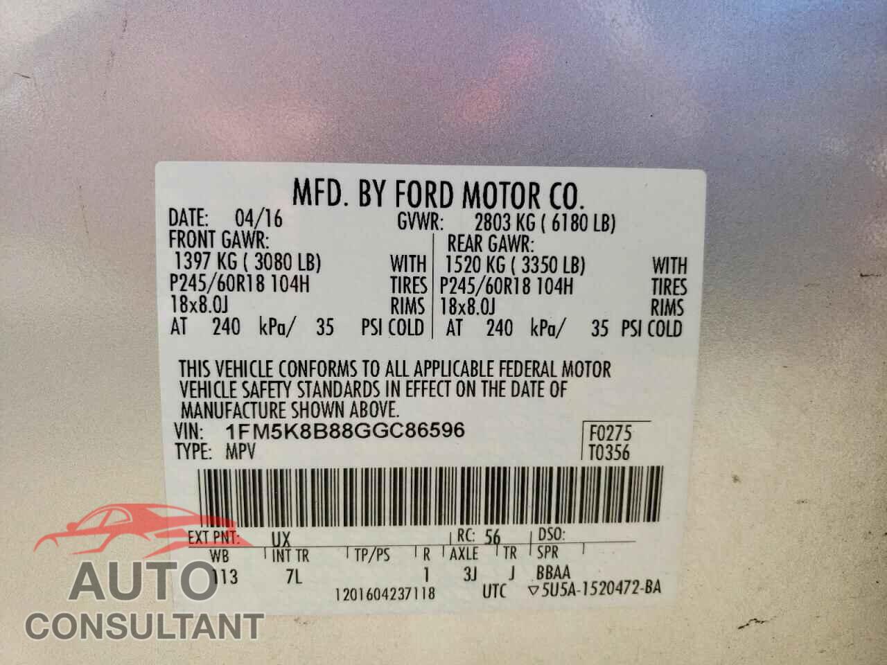 FORD EXPLORER 2016 - 1FM5K8B88GGC86596