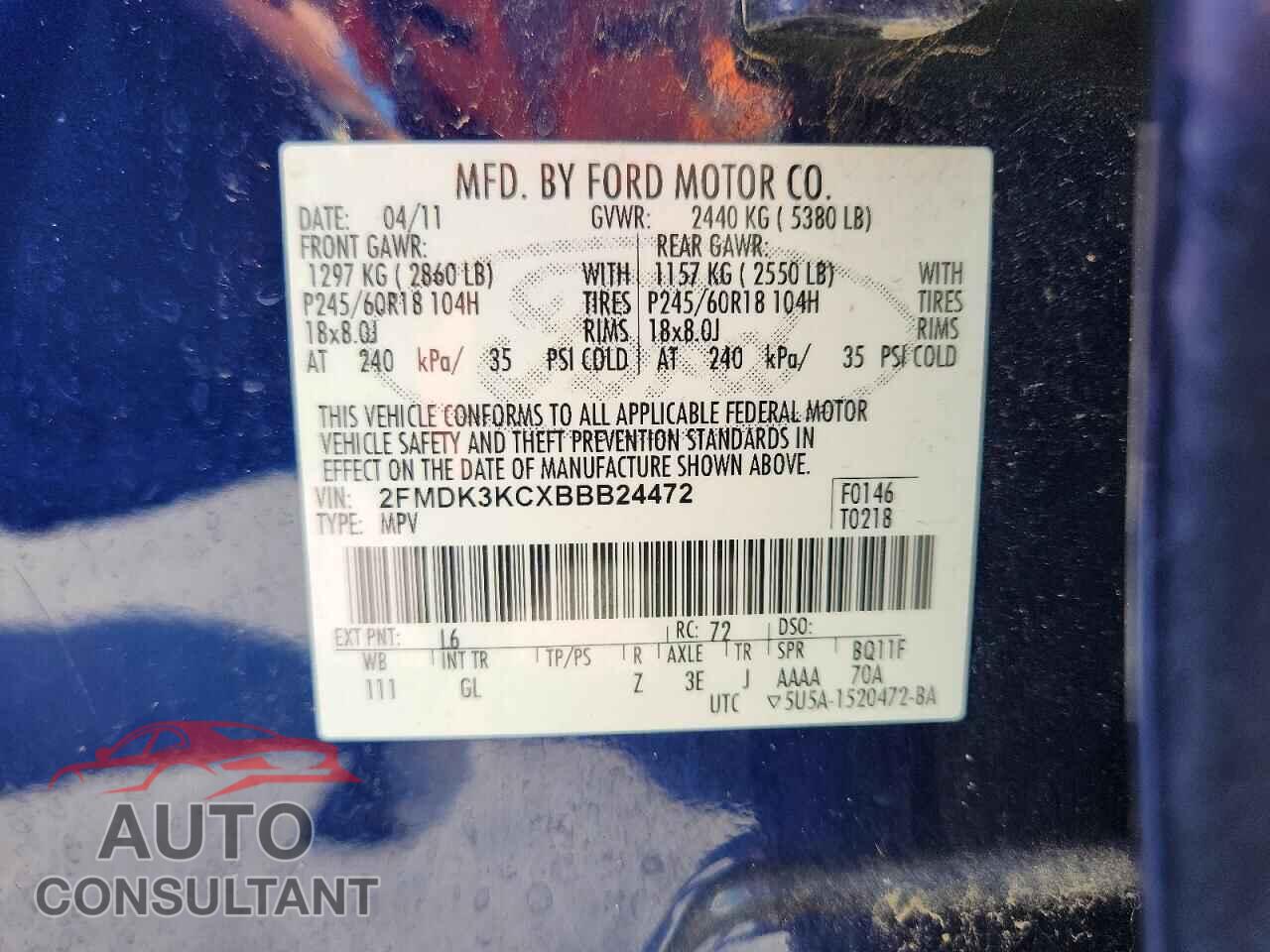 FORD EDGE 2011 - 2FMDK3KCXBBB24472