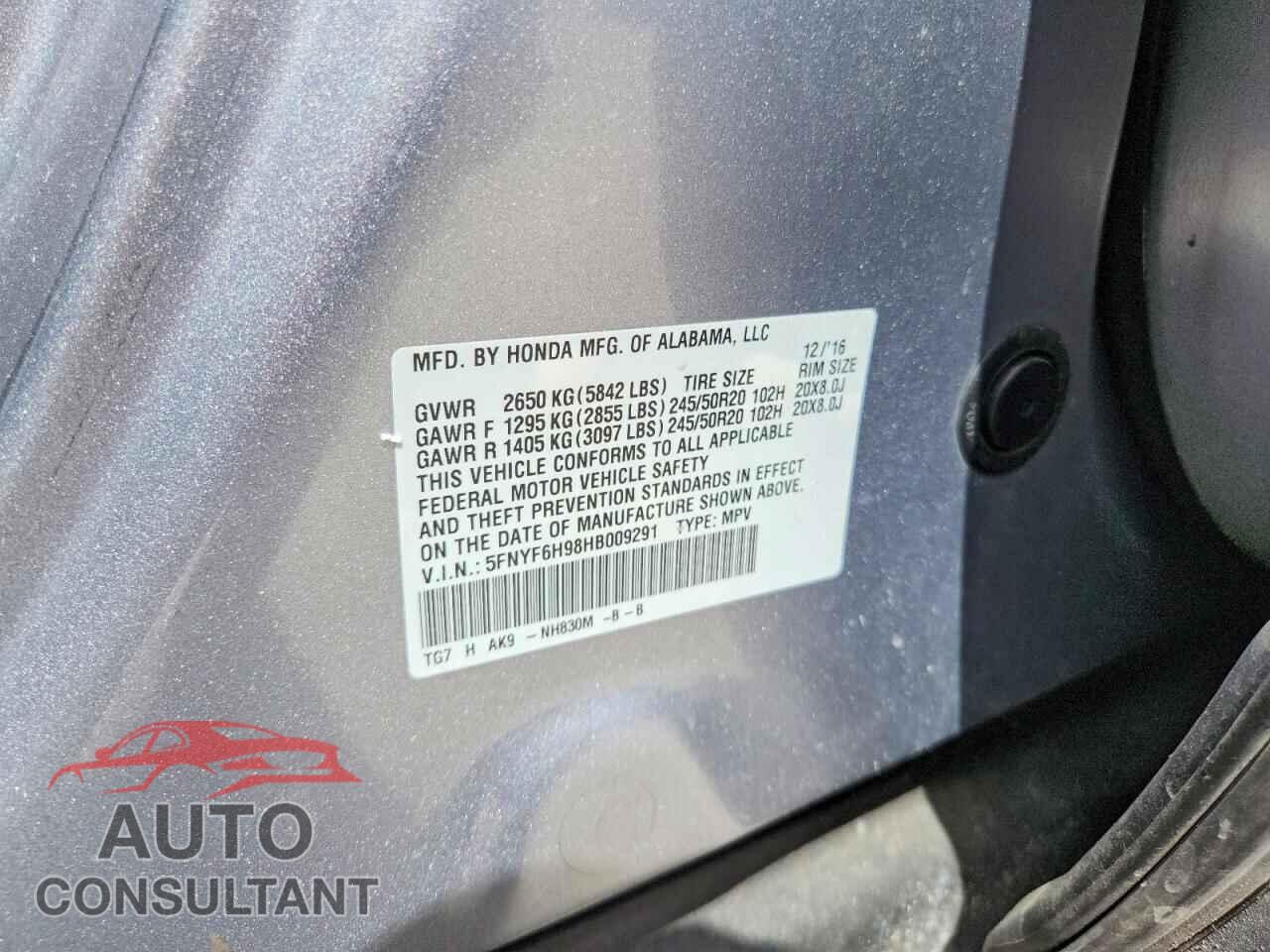 HONDA PILOT 2017 - 5FNYF6H98HB009291