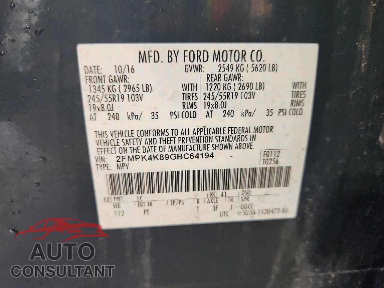 FORD EDGE 2016 - 2FMPK4K89GBC64194