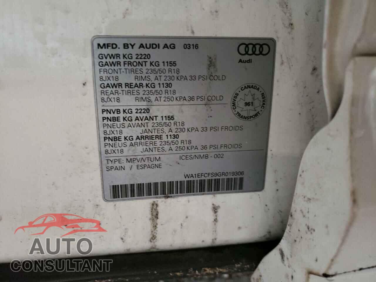 AUDI Q3 2016 - WA1EFCFS9GR019306