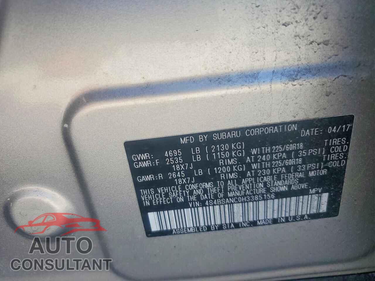 SUBARU OUTBACK 2017 - 4S4BSANC0H3385156