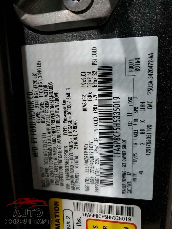 FORD MUSTANG 2017 - 1FA6P8CF5H5335019