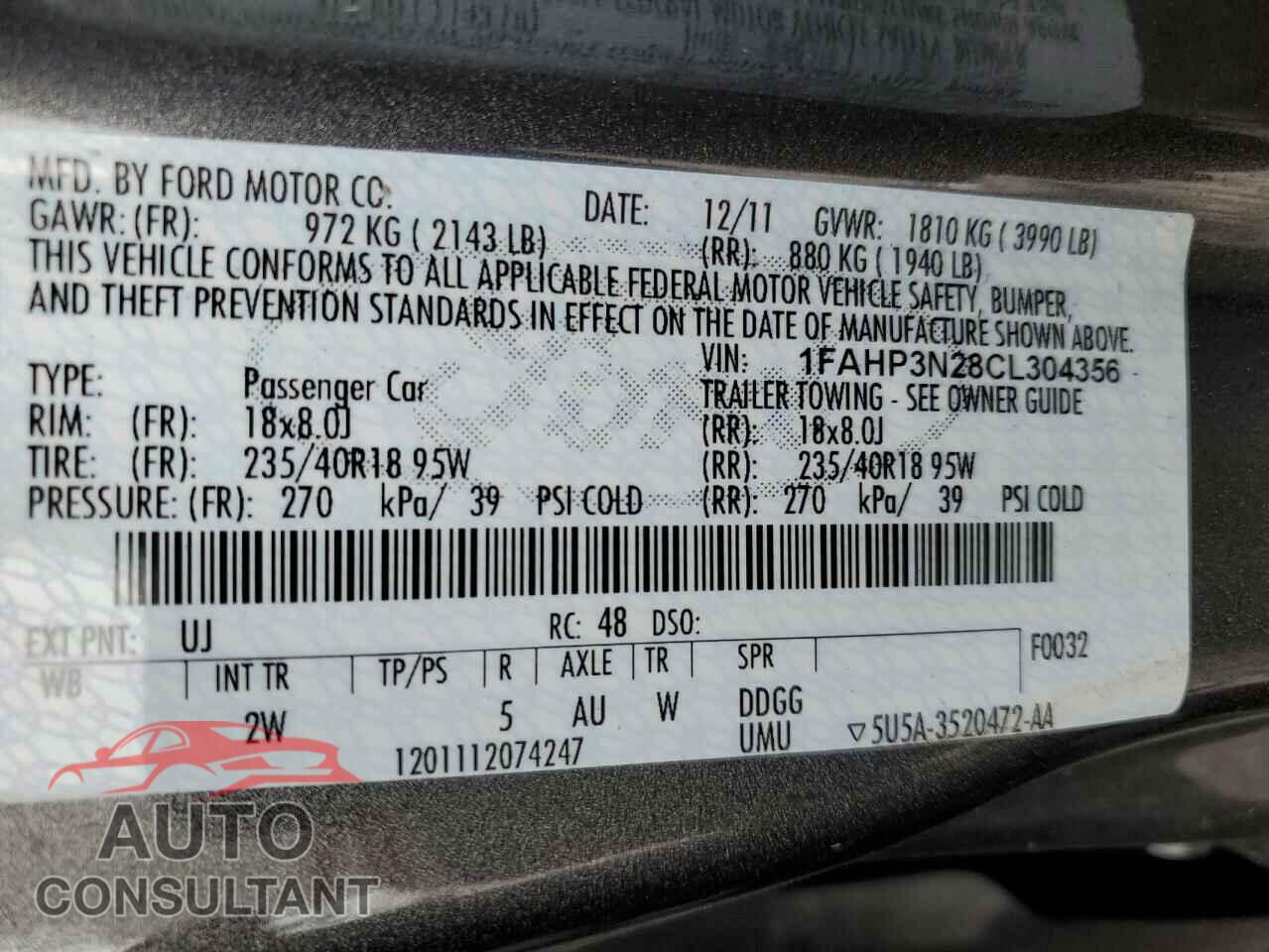 FORD FOCUS 2012 - 1FAHP3N28CL304356