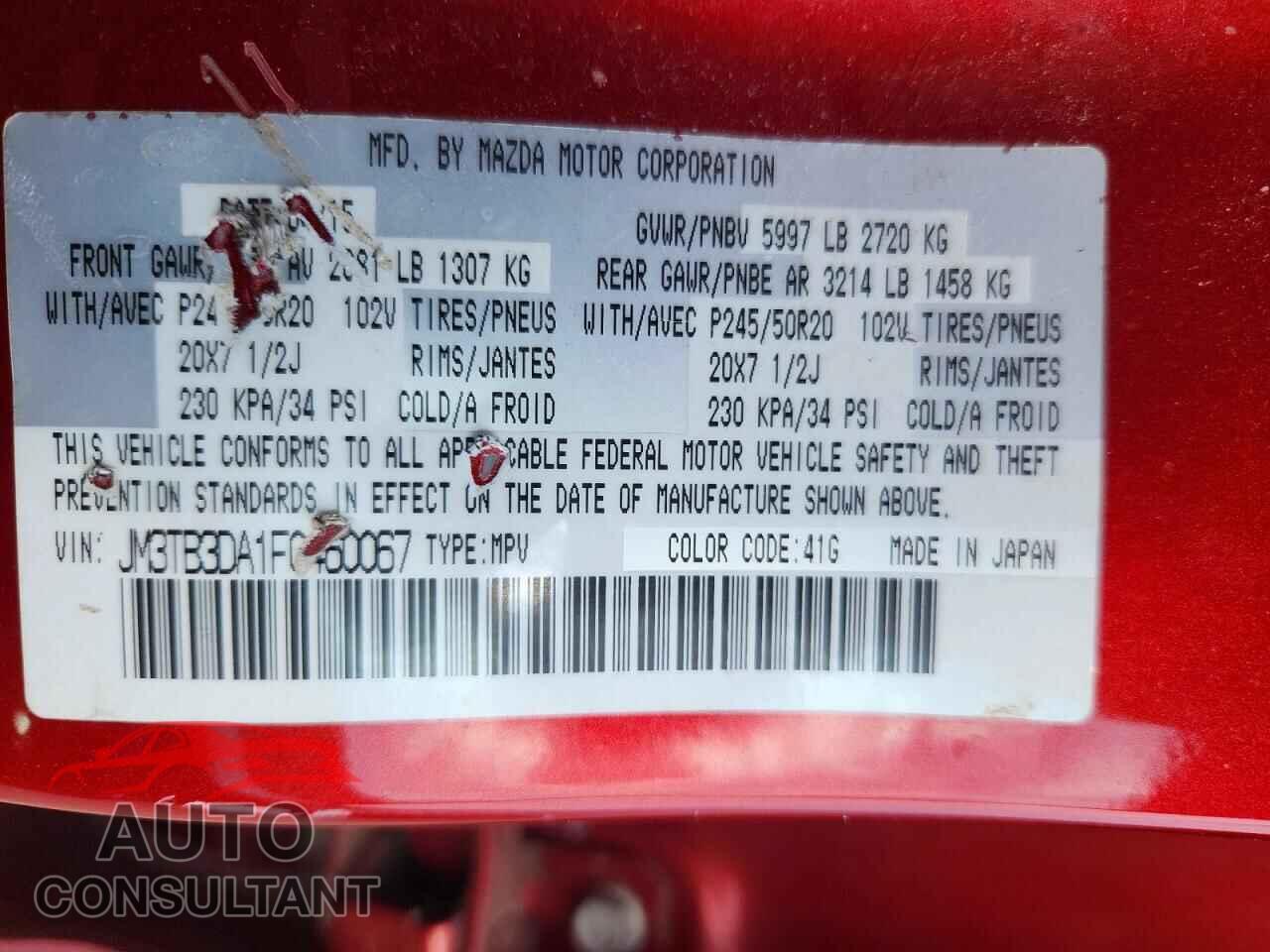 MAZDA CX-9 2015 - JM3TB3DA1F0460067