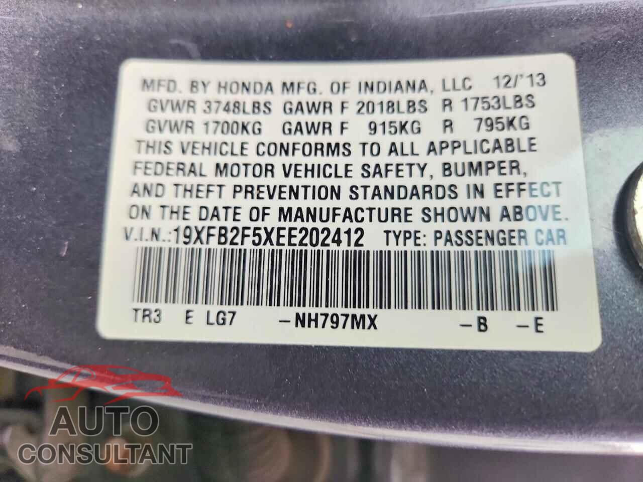 HONDA CIVIC 2014 - 19XFB2F5XEE202412