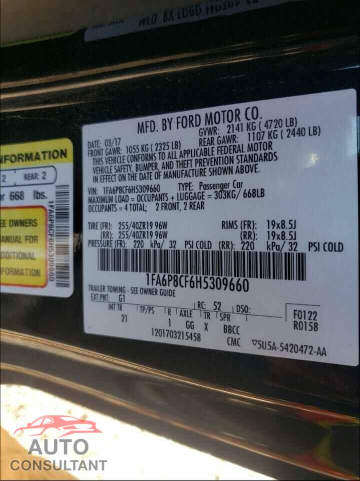 FORD MUSTANG 2017 - 1FA6P8CF6H5309660