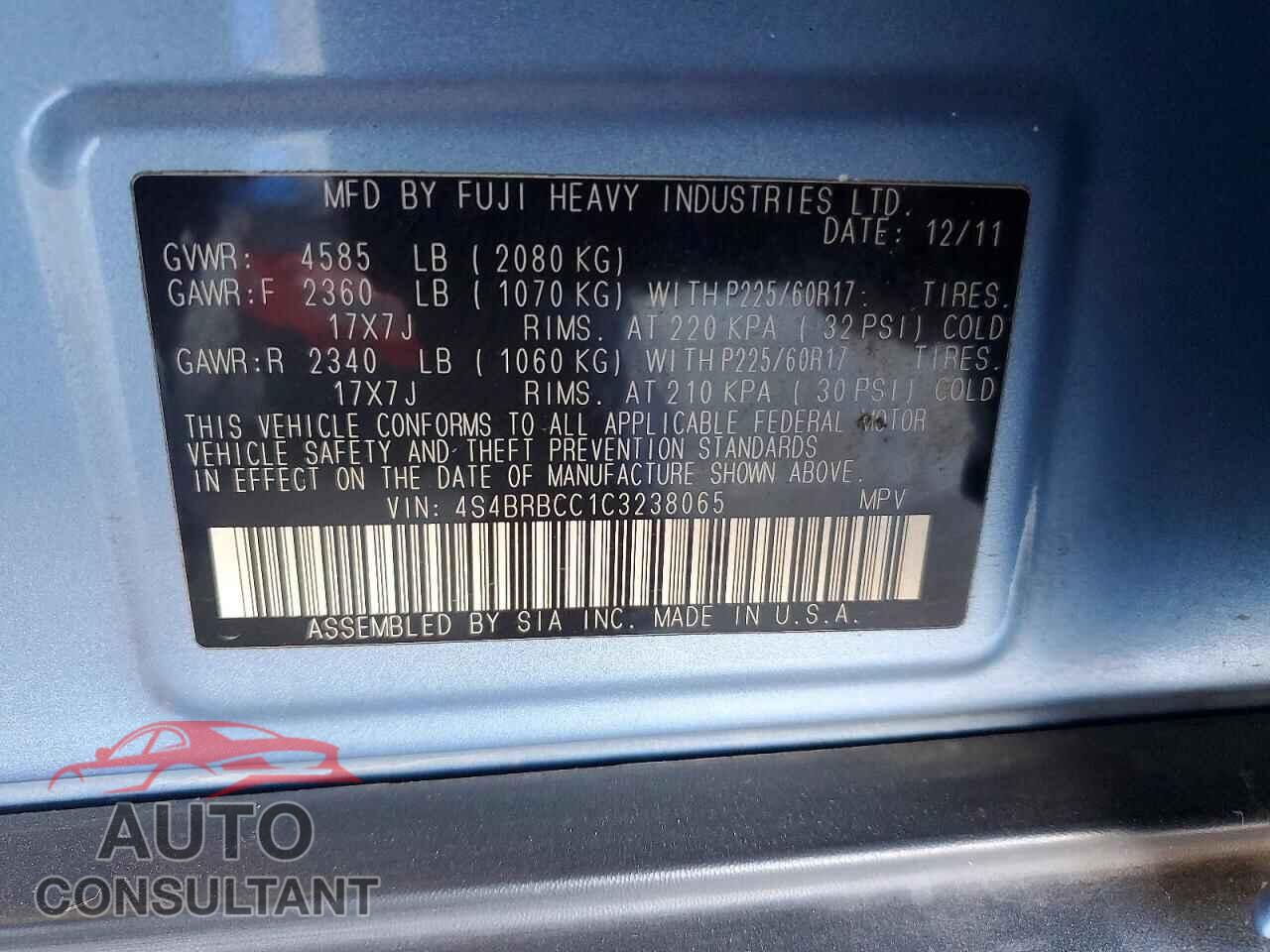 SUBARU OUTBACK 2012 - 4S4BRBCC1C3238065