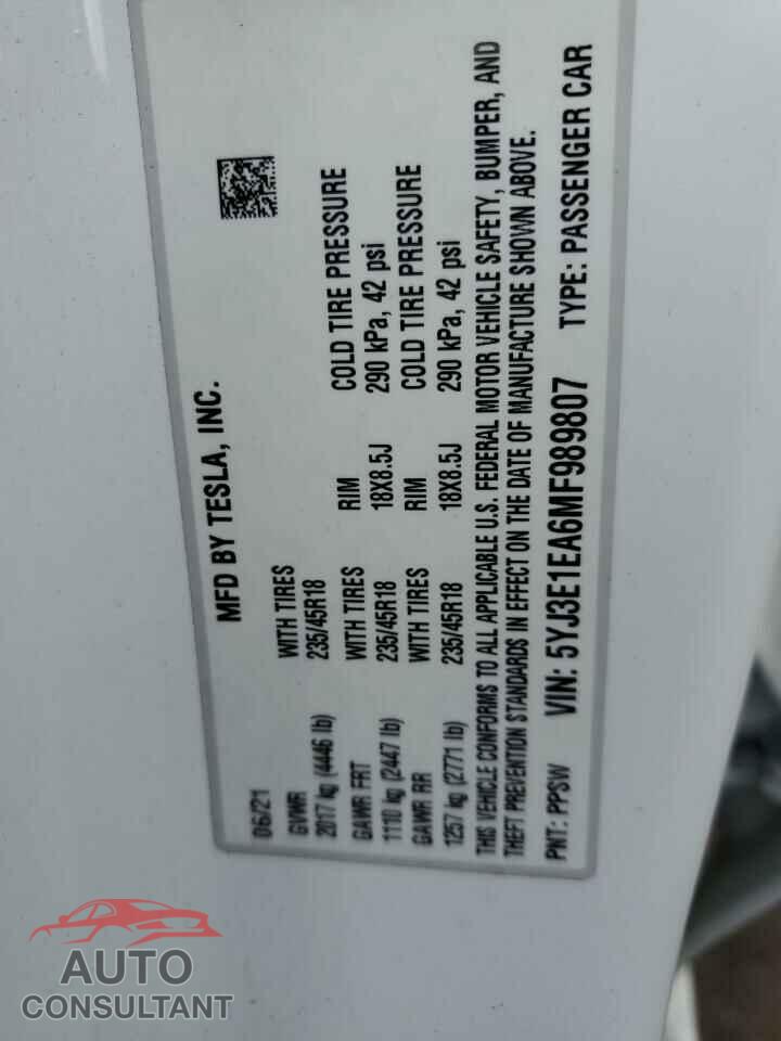 TESLA MODEL 3 2021 - 5YJ3E1EA6MF989807