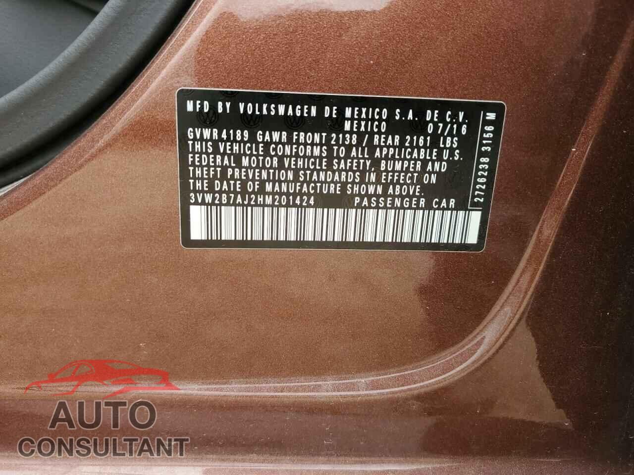 VOLKSWAGEN JETTA 2017 - 3VW2B7AJ2HM201424