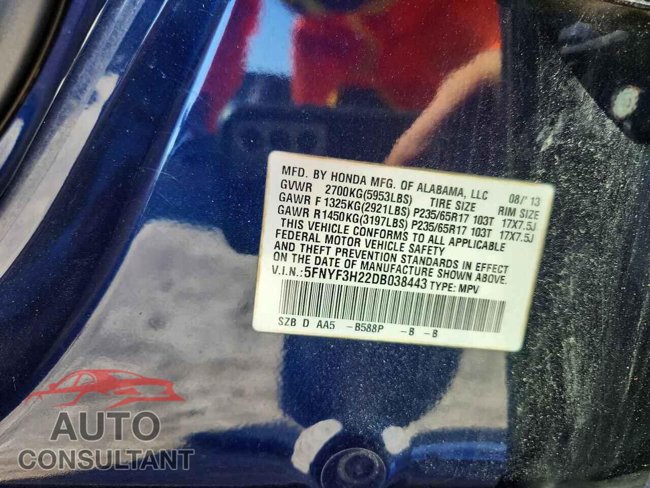 HONDA PILOT 2013 - 5FNYF3H22DB038443