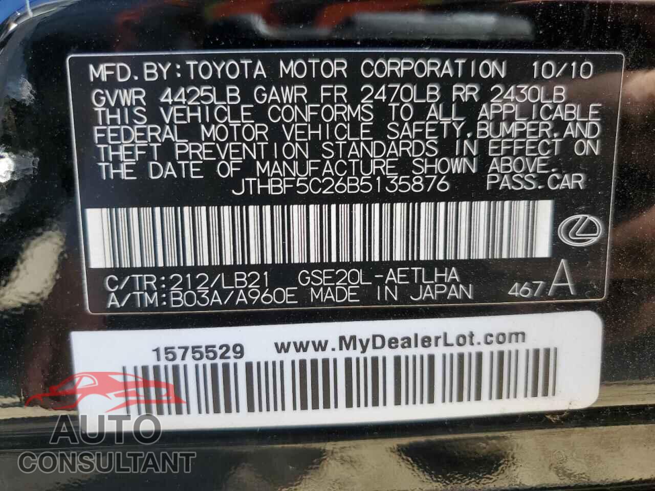 LEXUS IS 2011 - JTHBF5C26B5135876