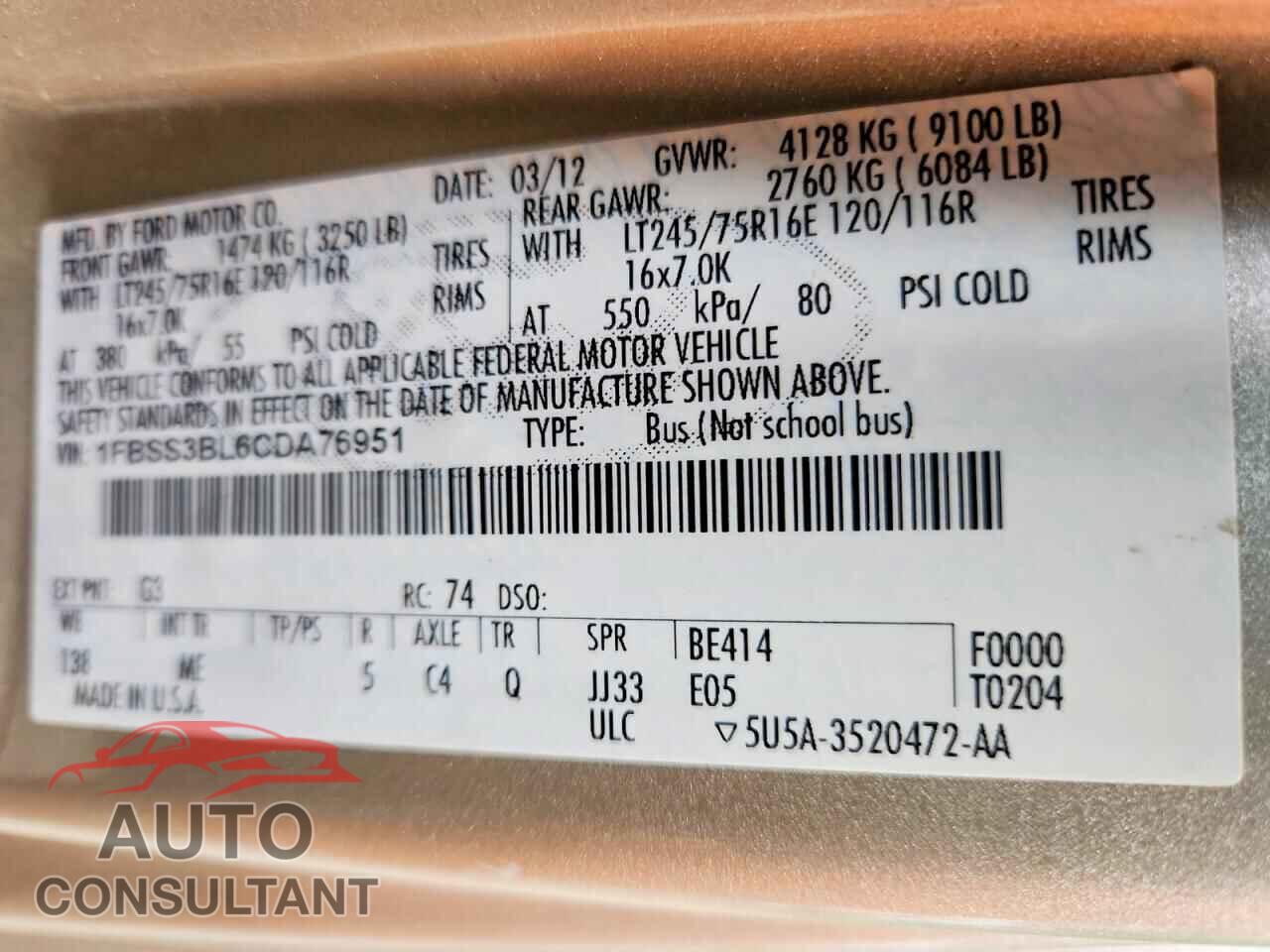 FORD ECONOLINE 2012 - 1FBSS3BL6CDA76951