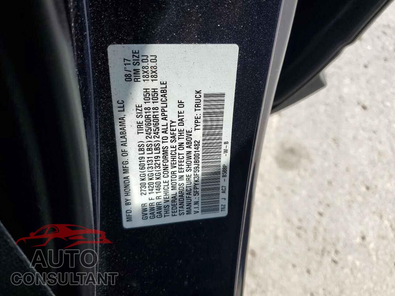 HONDA RIDGELINE 2018 - 5FPYK3F59JB001482