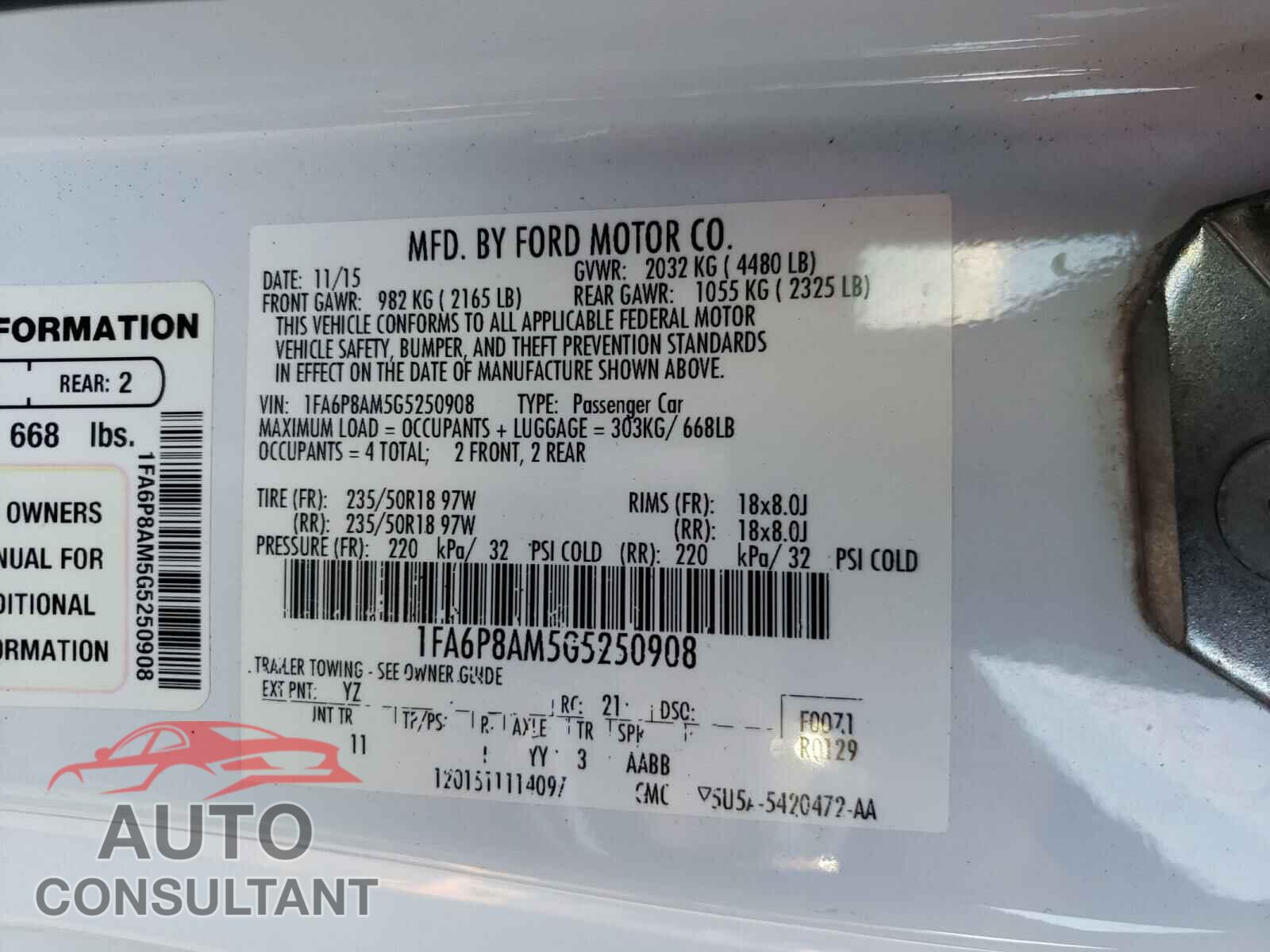 FORD MUSTANG 2016 - 1FA6P8AM5G5250908
