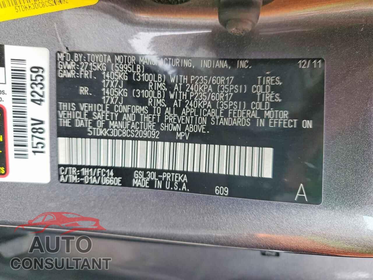 TOYOTA SIENNA 2012 - 5TDKK3DC8CS209092