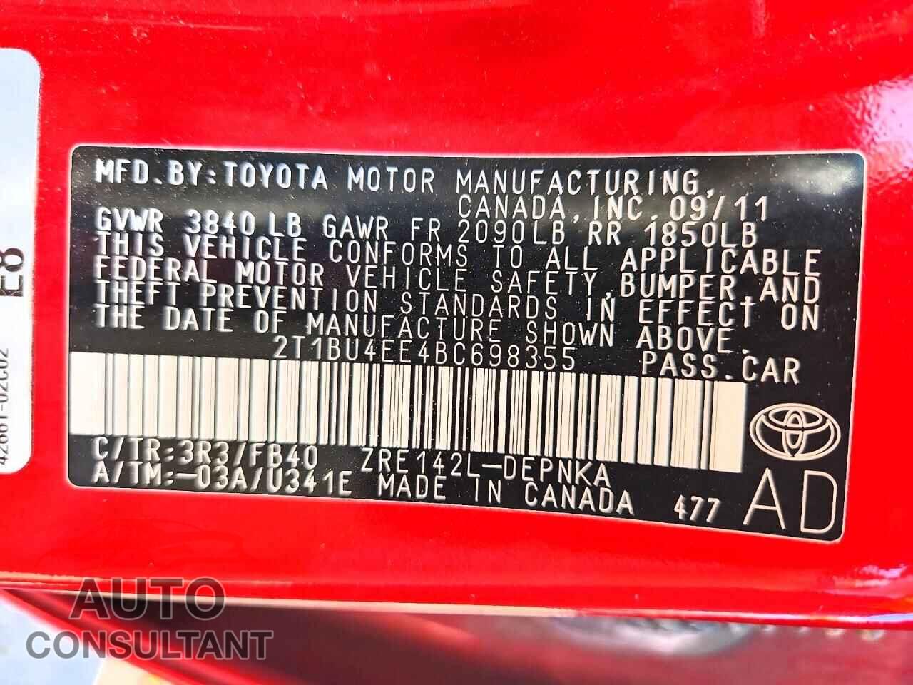 TOYOTA COROLLA 2011 - 2T1BU4EE4BC698355