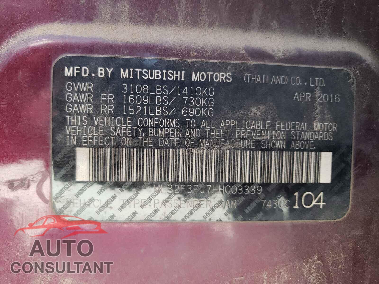MITSUBISHI MIRAGE 2017 - ML32F3FJ7HH003339