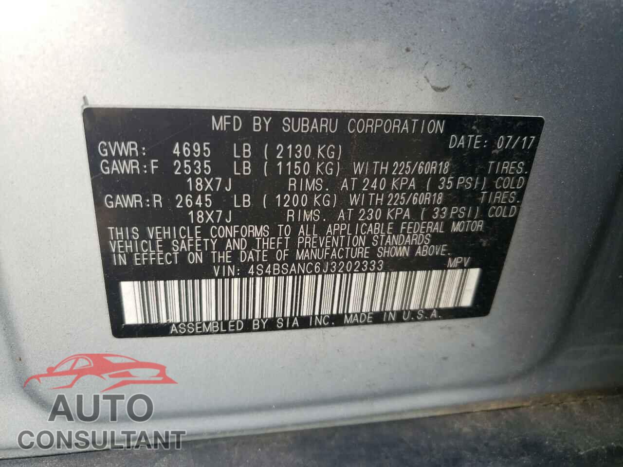 SUBARU OUTBACK 2018 - 4S4BSANC6J3202333
