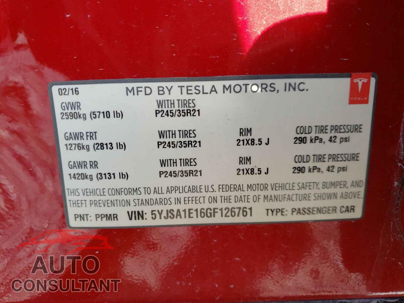 TESLA MODEL S 2016 - 5YJSA1E16GF126761