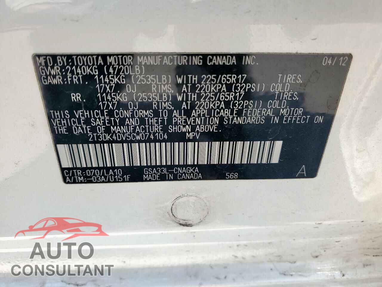 TOYOTA RAV4 2012 - 2T3DK4DV5CW074104
