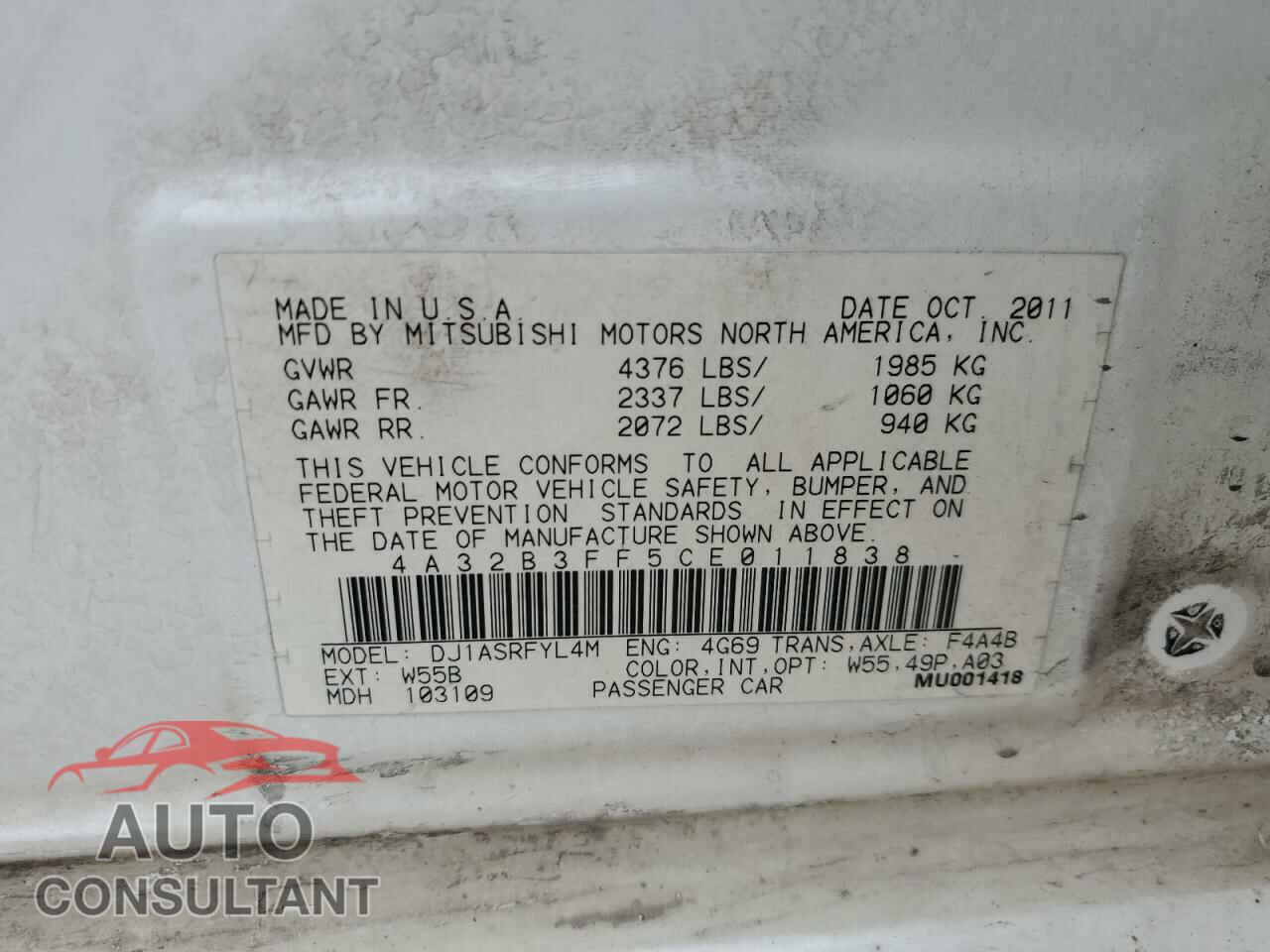 MITSUBISHI GALANT 2012 - 4A32B3FF5CE011838