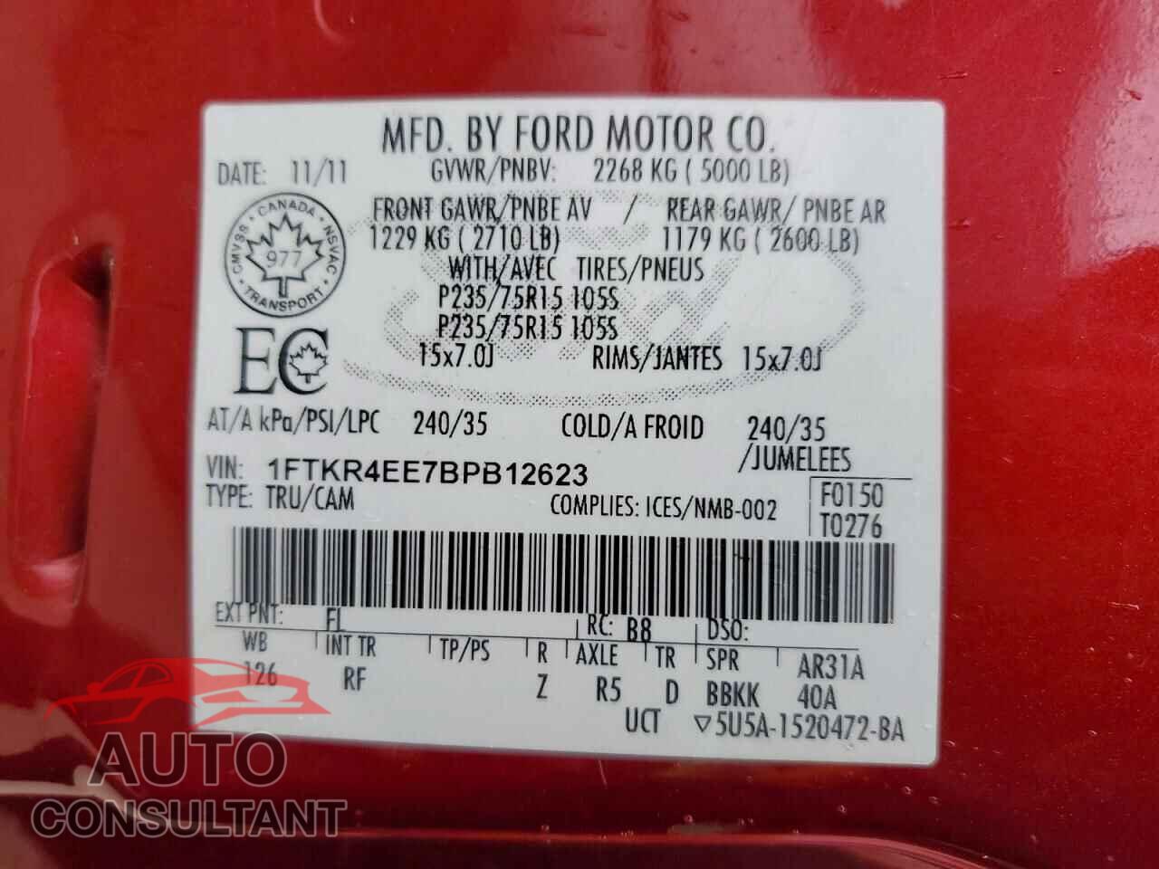 FORD RANGER 2011 - 1FTKR4EE7BPB12623