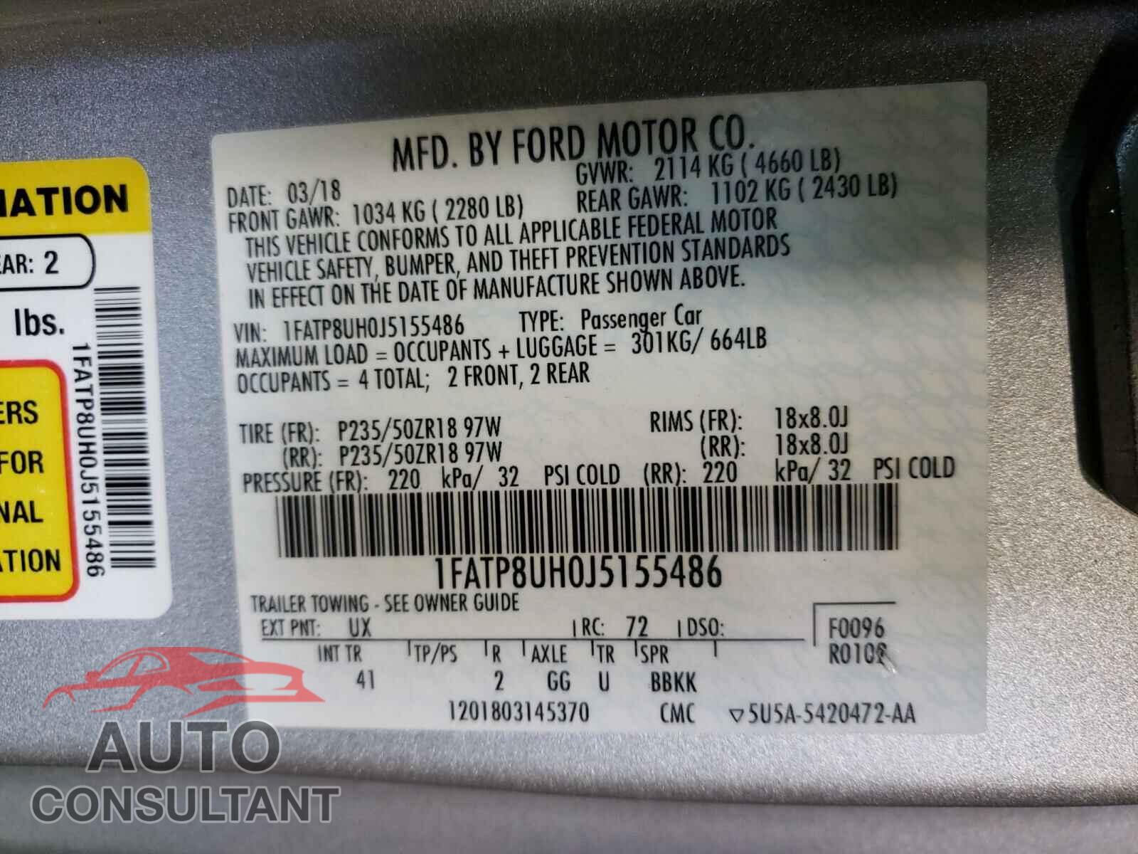 FORD MUSTANG 2018 - 1FATP8UH0J5155486