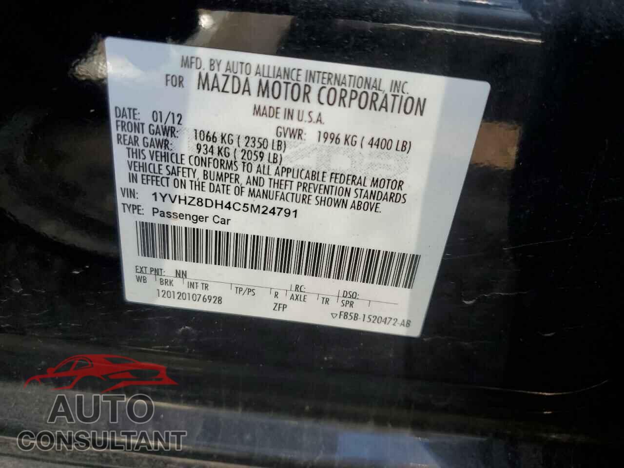 MAZDA 6 2012 - 1YVHZ8DH4C5M24791