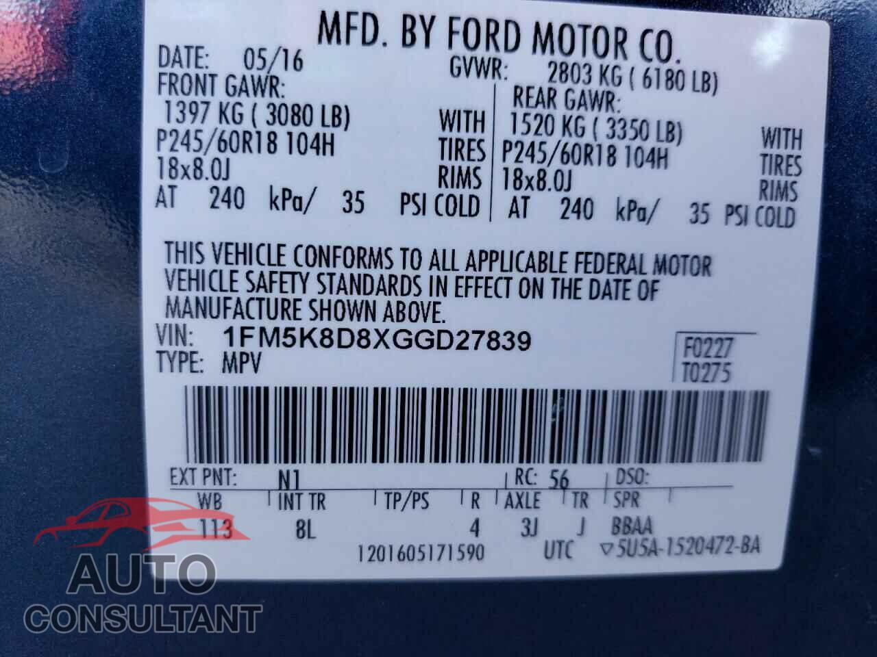 FORD EXPLORER 2016 - 1FM5K8D8XGGD27839